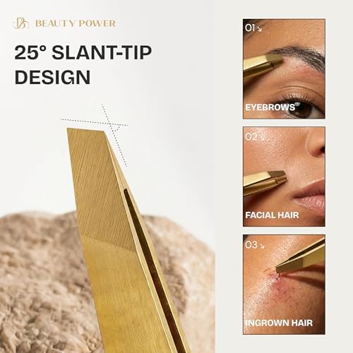 Professional Tweezers Set – Slant & Point, Ultra Precision German Stainless Steel Tweezers for Eyebrows, Chin, Ingrown Hair & Facial Grooming – Lightweight with Case - Gift Idea - Gold