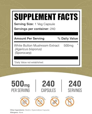 BulkSupplements.com White Button Mushroom Capsules - Mushroom Supplement, Agaricus Mushroom Capsules - White Button Mushroom Extract, Vegan, 240 Count (Pack of 1)