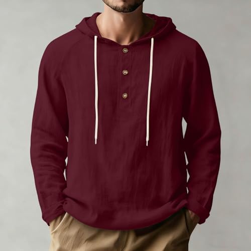 Mens Linen Shirts Long Sleeve Henley Casual Lightweight Cotton Hoodie Top Summer Fashion Loose Beach Vacation Clothes