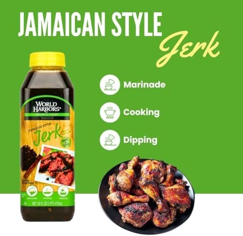 World Harbors Jamaican Jerk Sauce Sweet & Spicy Marinade for Jamaican Jerky Seasoning Chicken, Sirloin, Shrimp Jerk Seasoning Jamaican Style - Flavors for Dipping, Glazing 16 oz (Pack of 2)