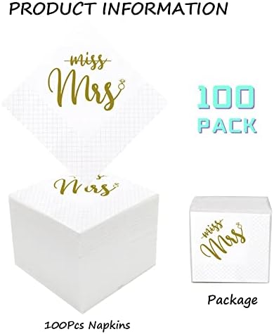 Bridal Shower Cocktail Napkins, 100 Pack Gold From Miss To Mrs Disposable Paper Napkins in Bulk for Bridal Shower Engagement Wedding Bachelorette Table Decorations| 2-Ply, 5x5 Inches (Miss Mrs)