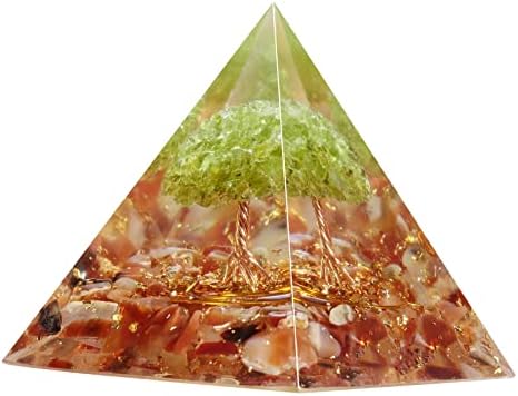 Nupuyai Handmade Peridot Tree of Life Pyramid Desk Decor, Resin Tumbled Stones Crystal Pyramid Energy Generator for Meditation Balancing, Carnelian