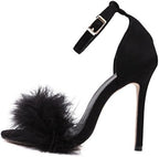 MMJULY Women's Open Toe Ankle Strap Fluffy Feather Stiletto High Heel Dress Sandal