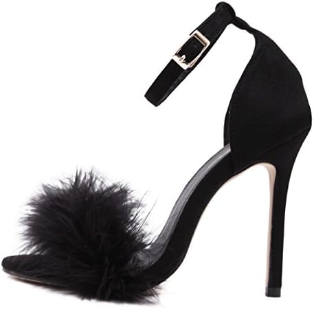 MMJULY Women's Open Toe Ankle Strap Fluffy Feather Stiletto High Heel Dress Sandal