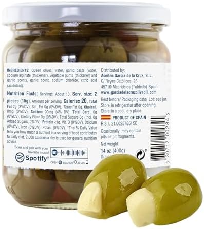 Garlic Stuffed Olives, Garcia de la Cruz, 14 oz (14oz, Garlic)