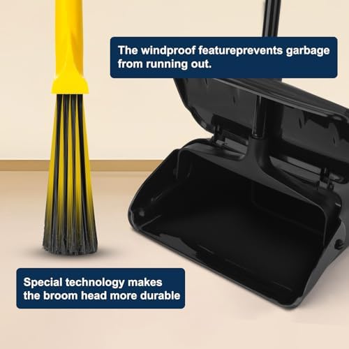 Indoor/Outdoor Heavy Duty Broom and Dustpan Set,Upright Plastic Commercial Dust Pan with 2 Brooms Perfect for Sweeping Courtyard Garage Lobby Kitchen Office Mall Market Shop Floor