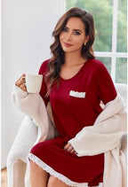 Ekouaer Womens Long Sleeve Nightgowns V Neck Sleepshirts Lace Nightshirts Casual T-shirt Sleep Dress with Pocket
