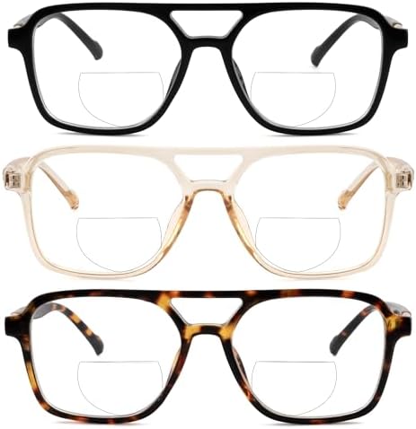 HIYANJN Retro Aviator Bifocal Reading Glasses For Women Men Trendy Classic Rectangle Frame, Fixed Hinge Oversized Readers
