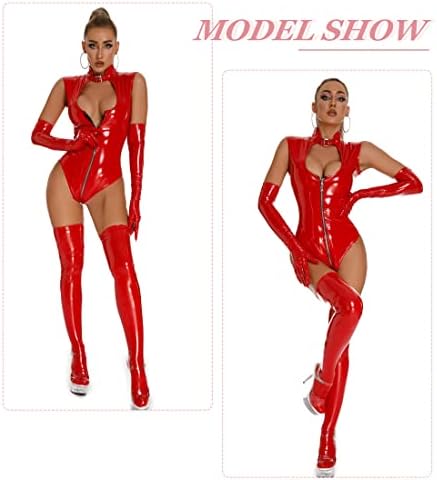 Panegy Women Leather Bodysuit Shiny Bodycon Leotard Jumpsuit for Club Party Cosplay