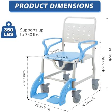 4-in-1 Rolling Shower Chair with Wheels for Elderly and Disabled, Shower Commode Chair with Bucket and Safety Locking Casters, Bedside Toilet Riser for Seniors, Light Blue
