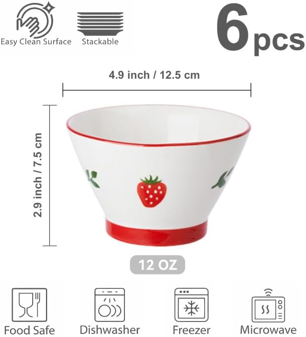Ice Cream Bowls Set of 6, 12 OZ Small Ceramic Bowls for Soup, Rice and Side Dishes, Cereal Bowl for Dessert and Fruit - Cute Strawberry Pattern
