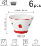 Ice Cream Bowls Set of 6, 12 OZ Small Ceramic Bowls for Soup, Rice and Side Dishes, Cereal Bowl for Dessert and Fruit - Cute Strawberry Pattern