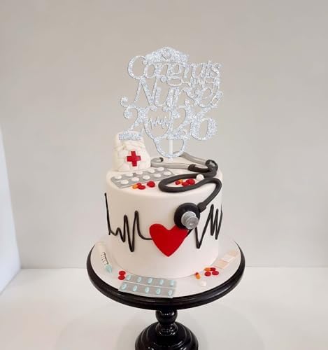Congrats Nurse 2026 Cake Topper, Future RN/BSN/NP/LPN, Nursing School Grauation Party Decorations Supplies, Silver Glitter