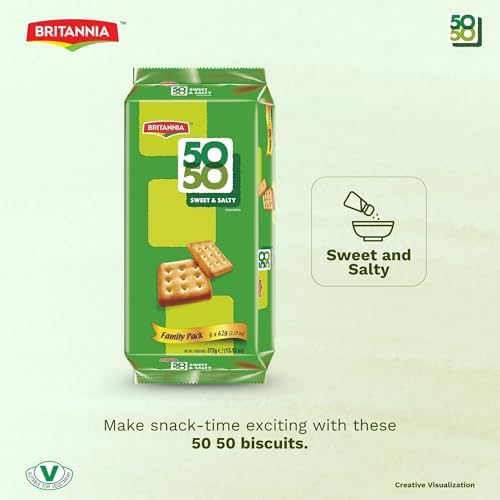 Britannia 50-50 Sweet & Salty Crackers, Crunchy Snack Biscuits, Family Pack – 6 Packs x 62 g (372 g) 13.12oz