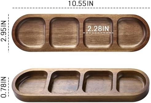 2 Pcs Soy Sauce Dish, Wooden Divided Dip Bowls, Korean 4-Compartment Sauce Plates for Home Restaurant BBQ, Vinegar, Spices, Ketchup, Salt, Sugar, and Flavors
