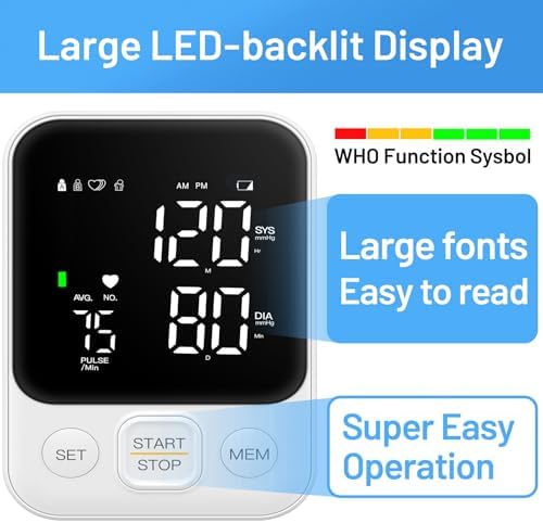 Blood Pressure Monitor Upper Arm Machine Accurate Adjustable BP Cuff Kit Led Backlit Display 2 Users 240 Sets Memory Includes Storage Bag White