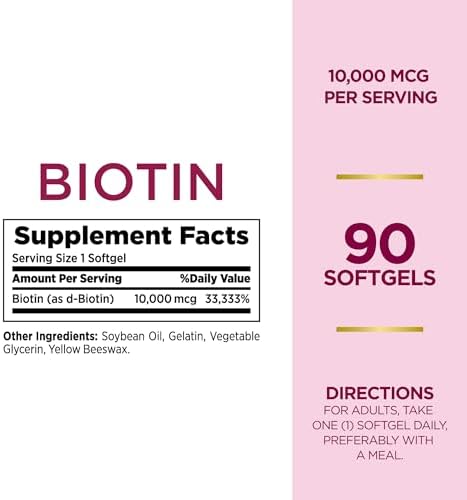 Nature's Bounty Biotin 10000mcg Supplement, Supports Healthy Hair, Skin and Nails, Optimal Solutions Hair Vitamin with Biotin, 90 Rapid Release Liquid Softgels