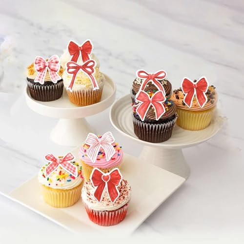 64 PCS Edible Bow Cupcake Toppers Bowknot Ribbons Bow Girls Birthday Cake Decorations Edible Bow Cake Toppers Bowknot Cupcake Picks for Wedding Birthday Baby Shower Chrsitmas Party Supplies Red
