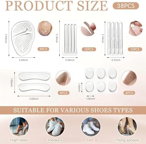 38 Pcs Silicone Clear High Heel Cushion Inserts Pad Ball of Foot Cushions Sling Shoe Grip for Sandals Backs Shoe Strap Grip Anti Slip Sandals Gel Protector Strips for Women Men