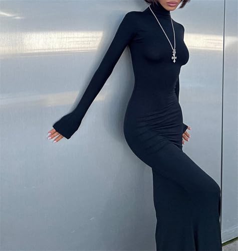 Long Sleeve Maxi Dress for Women - Casual Turtleneck Bodycon Formal Dresses Elegant Mermaid Hem 2026