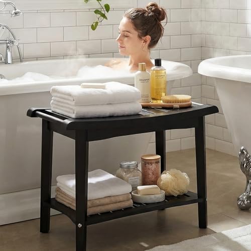 ZJchao Shower Bench, 60x33x46cm Wood Ergonomic Shower Stool with Storage Shelf and Handles Shower Stool Bath Bench for Bathroom Spa Outdoor Use Elegant Shower Seating Solution (Black)