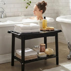 ZJchao Shower Bench, 60x33x46cm Wood Ergonomic Shower Stool with Storage Shelf and Handles Shower Stool Bath Bench for Bathroom Spa Outdoor Use Elegant Shower Seating Solution (Black)