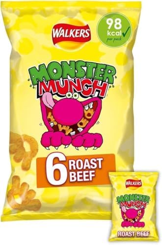 Walkers Monster Munch Crisps, Roast Beef Flavour Snacks, 6 x 20g Multipack, from UK, In Premier Life Store Box