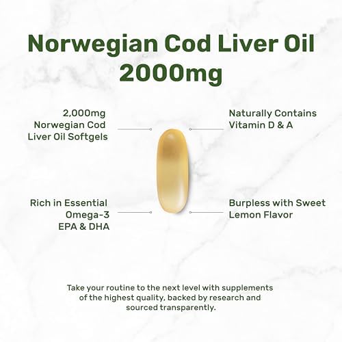 Wild Caught Cod Liver Oil 2,000mg Per Serving, 240 Softgels – Extra Strength EPA DHA Omega 3 with Vitamin D & A – Burpless, Lemon Flavored – Vision, Heart, Brain, & Immune Support