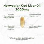Wild Caught Cod Liver Oil 2,000mg Per Serving, 240 Softgels – Extra Strength EPA DHA Omega 3 with Vitamin D & A – Burpless, Lemon Flavored – Vision, Heart, Brain, & Immune Support