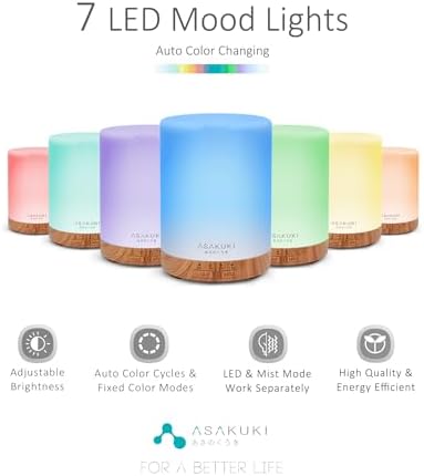 ASAKUKI Essential Oil Diffuser for Home, 300 ml Humidifier with Automatic Shut-Off, Quiet Aromatherapy Diffuser with 7 LED Lights for Living Room, Kitchen, Bedroom, Hotel - Light Brown