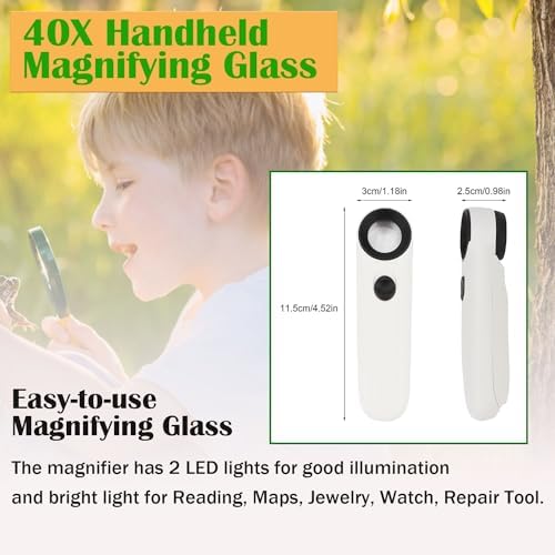 Rongon 40X Handheld Magnifier High Power Hand Held Illuminated Magnifying Glass Jeweler Eye Jewelry Loupe Leather Case for Reading Maps Jewelry Watch Repair Tool
