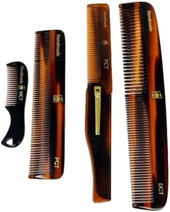 Handmade Tortoise Shell Comb Set – Pack of 4 Premium Fine-Tooth Combs for Men & Women – Includes Pocket, Folding, Dressing & Mustache Combs – Stylish Hair & Beard Grooming Kit
