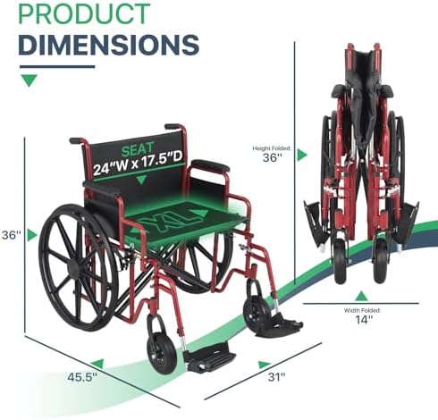 Magshion Extra-Wide Bariatric Wheelchair – 500 lb Capacity, 24” Seat, Heavy-Duty Foldable Self-Propelled Chair – Red Frame