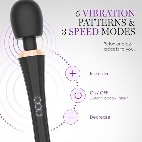 Pure Envy Joystick Powerful Wand Vibrator - 5 Vibration Modes & 3 Speeds, Ultra-Quiet Rechargeable Waterproof Silicone Wand Massager for Adults – Premium Magic Wand Sex Toy for Women & Men, Black