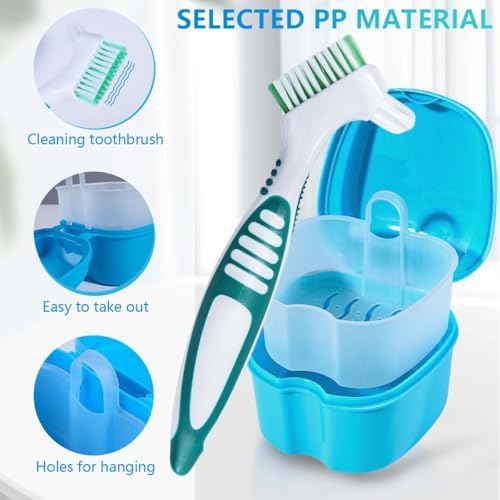 KISEER 2 Pack Denture Bath Case Cup Box Holder Storage Container with Denture Cleaner Brush Strainer Basket for Travel Cleaning (Light Blue and Blue)