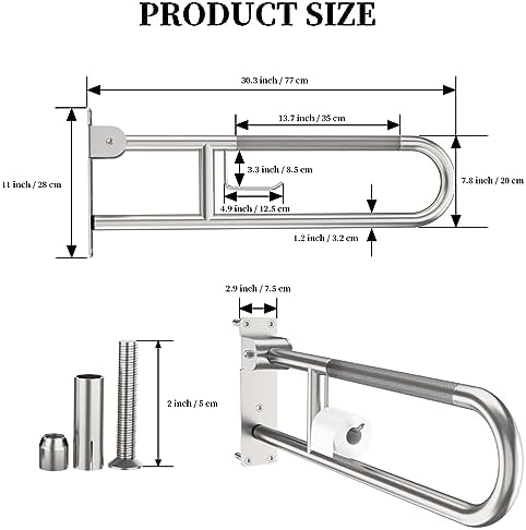 Toilet Grab Bar 30.3 Inch, YuanDe Brushed Nickel Anti-Slip Support Rail, U Shaped Flip-Up Grab Bar with Paper Holder, Stainless Steel Knurled Handicap Safety Handrails for Disabled Elderly Pregnant