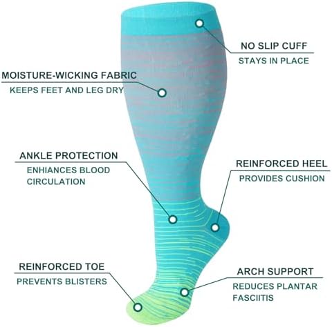 Double Couple 3 Pairs Wide Calf Compression Socks for Women Men 20-30 mmHg Plus Size Knee High Compression Stockings for Nurse Sports
