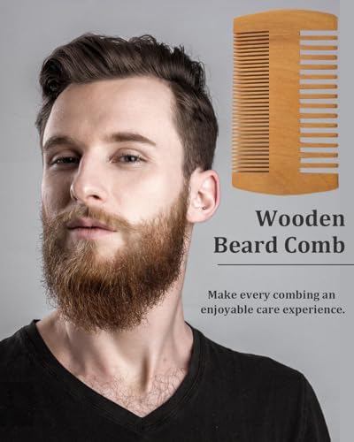 4 Pack Double-Sided Pocket Comb, Wooden Dual Action Beard and Mustache Comb Set with Leather Cases for Beards and Mustaches, Everyday Styling Comb For Detangling Knots, Beard Care & Grooming