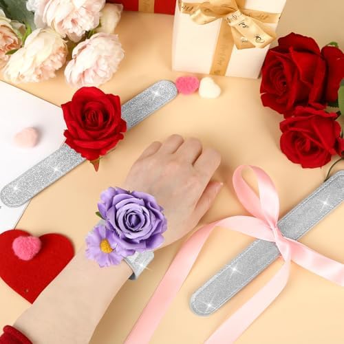 JUNEBRUSHS 4 Pieces Slap Bracelet Corsage Wristlet Bands, White Floral Snap Bracelet Corsage Wristlet Bands with Hollow template for Wedding Prom DIY Bouquet Accessories Bridesmaids Bride Shower