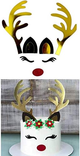 3 Set Christmas Cake Topper Decorations Reindeer Antler Rabbit Bunny Cake Topper with Eyelashes Nose Ear for Easter Xmas Halloween Party Decor Supplies