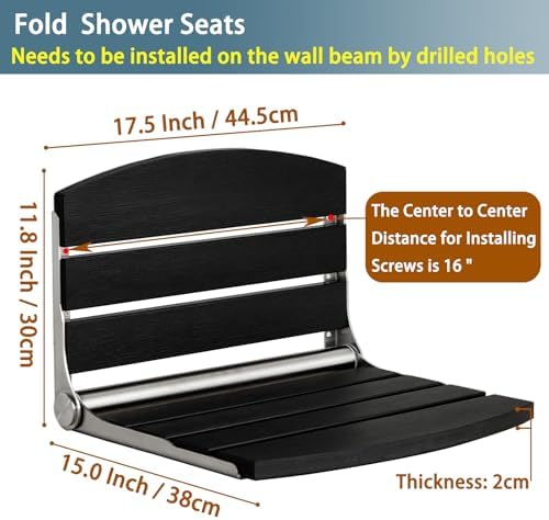 17.5" Wall Mounted Shower Seat, Fold Down Shower Seat Wall Mounted, HDPS Foldable Shower Seat, Folding Shower Seat Attached to Wall, for Inside Shower, Home Care(Black)