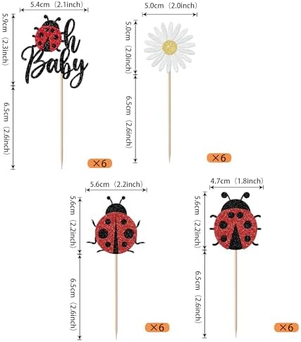 24 Pack Ladybug Oh Baby Cupcake Toppers Glitter Baby Birthday Insects Ladybug Cupcake Picks Baby Shower Kids 1st Birthday Flowers Party Cake Decorations Supplies