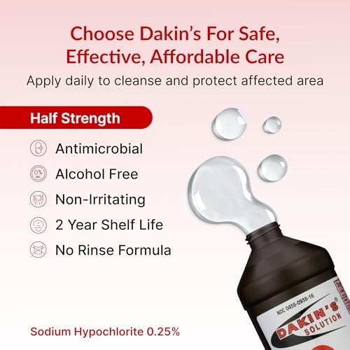 Dakin's Solution Half-Strength 0.25% Sodium Hypochlorite Wound Cleanser for Acute and Chronic Wounds, Antimicrobial No-Rinse Formula, Gentle on Skin, Safe for Home or Clinical Use, 16 oz