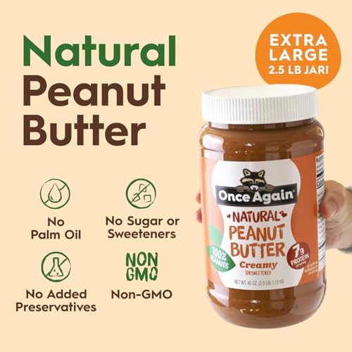 Once Again Creamy Natural Peanut Butter, Salted, No Sugar Added - Large 2.5 Pound Jar - Sugar Free Creamy Peanut Butter, No Palm Oil - Smooth and Unsweetened - 1 Jar (40 oz)