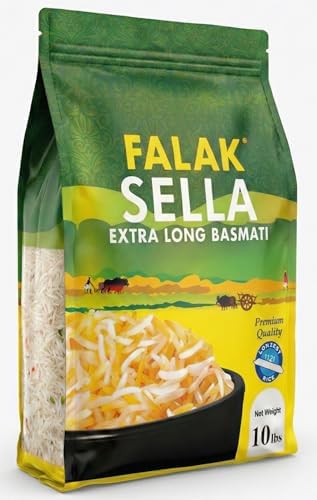 Falak Sella Basmati Rice 10lb - Extra Long Basmati Rice - Resealable Bag - Naturally Aromatic, Aged, Flavorful, Slender, Non Sticky Grains