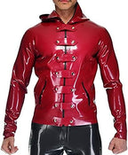 Latex Jacket with Pocket Zips, Hoodies, Belt On The Front, Rubber Coat, Outerwear,Black,XXL