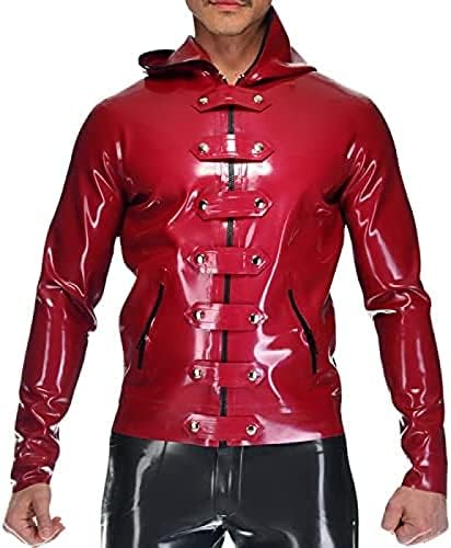 Latex Jacket with Pocket Zips, Hoodies, Belt On The Front, Rubber Coat, Outerwear,Black,XXL
