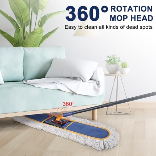 24" Commercial Dust Mop for Floor Cleaning,Heavy Duty Floor Duster with 2 Cotton Reusable Mop Pads,59” Long Handle Wet Dry Flat Mops for Hardwood Floors,Marble, Laminate,Tile,Concrete,Garage (Blue)