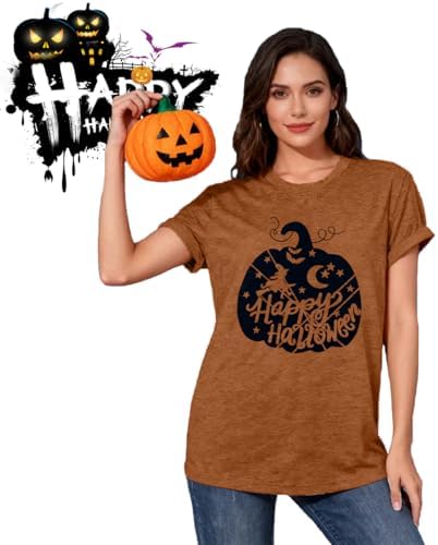 Women's Pumpkin Graphic Shirt Cute Happy Halloween Letter Print Tee Novelty Athletic Short Sleeve Tops