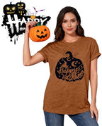 Women's Pumpkin Graphic Shirt Cute Happy Halloween Letter Print Tee Novelty Athletic Short Sleeve Tops